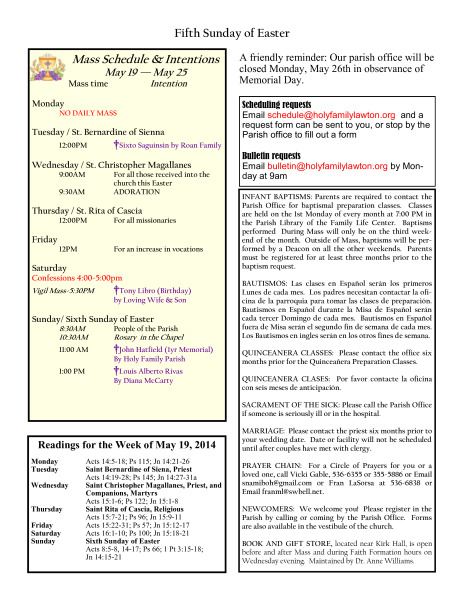 Bulletin May 18, 2014
