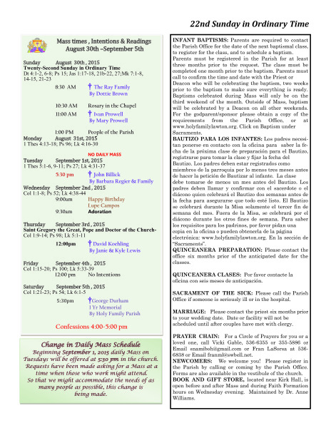 Bulletin August 30th, 2015
