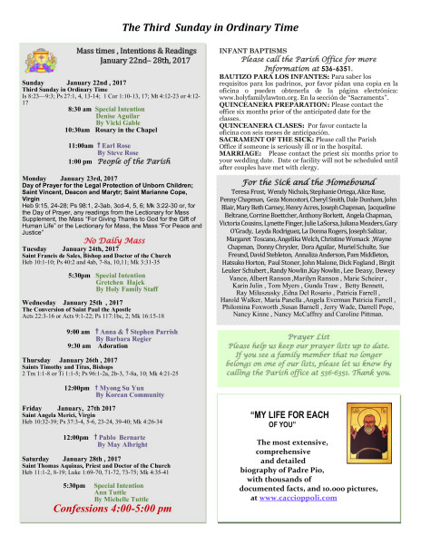 Bulletin January 22nd, 2017