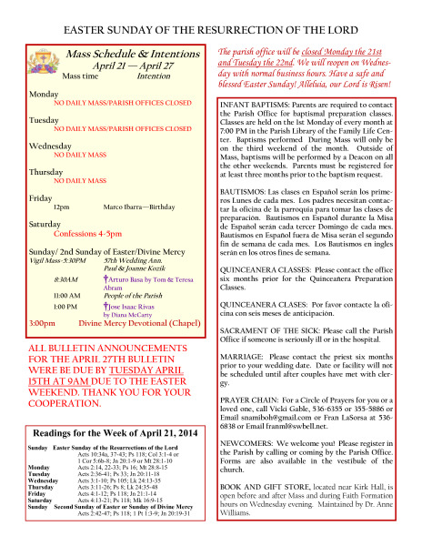 Bulletin April 20, 2014 